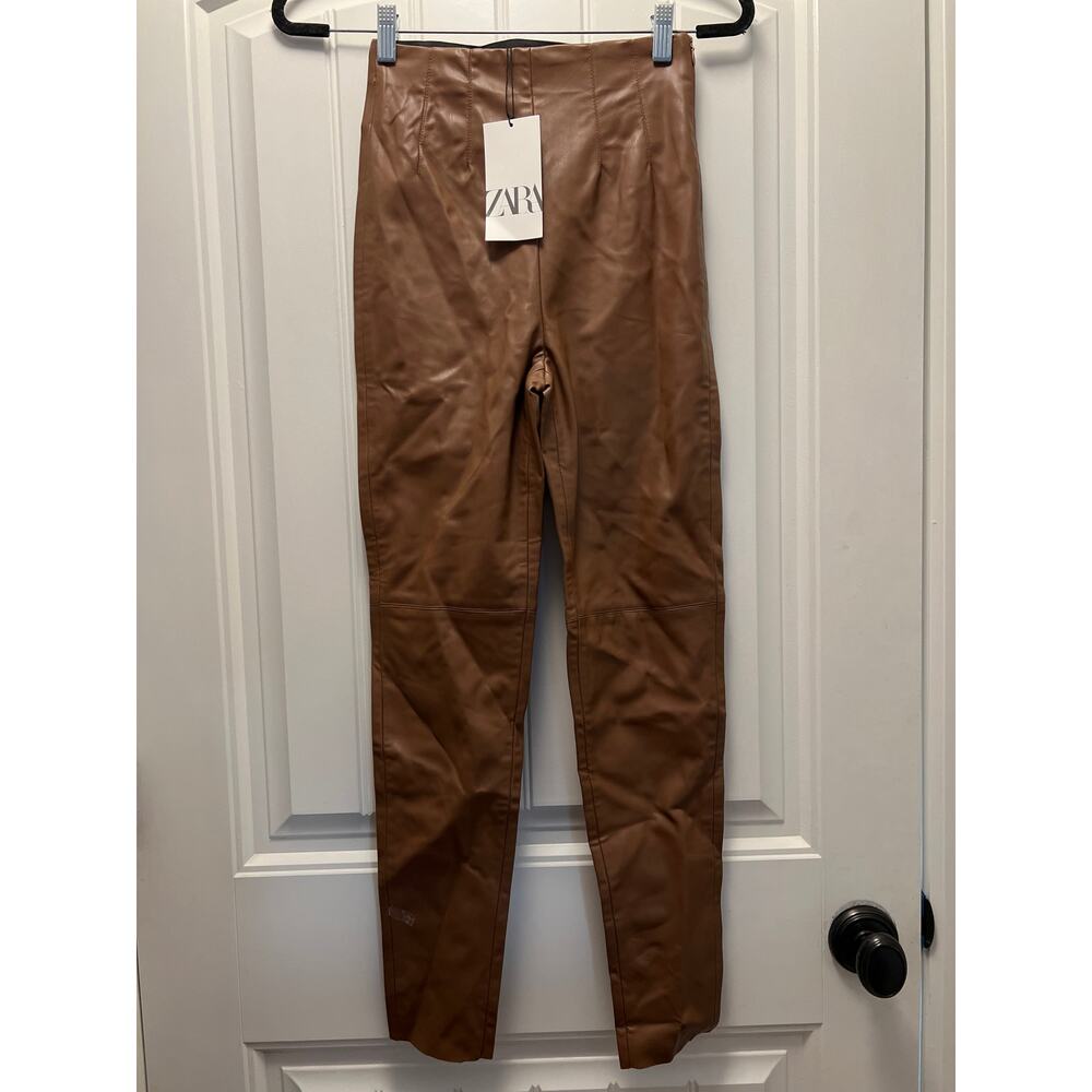 NWT Zara Women’s Elastic High Waisted Soft Faux Leather Leggings Size XS Brown